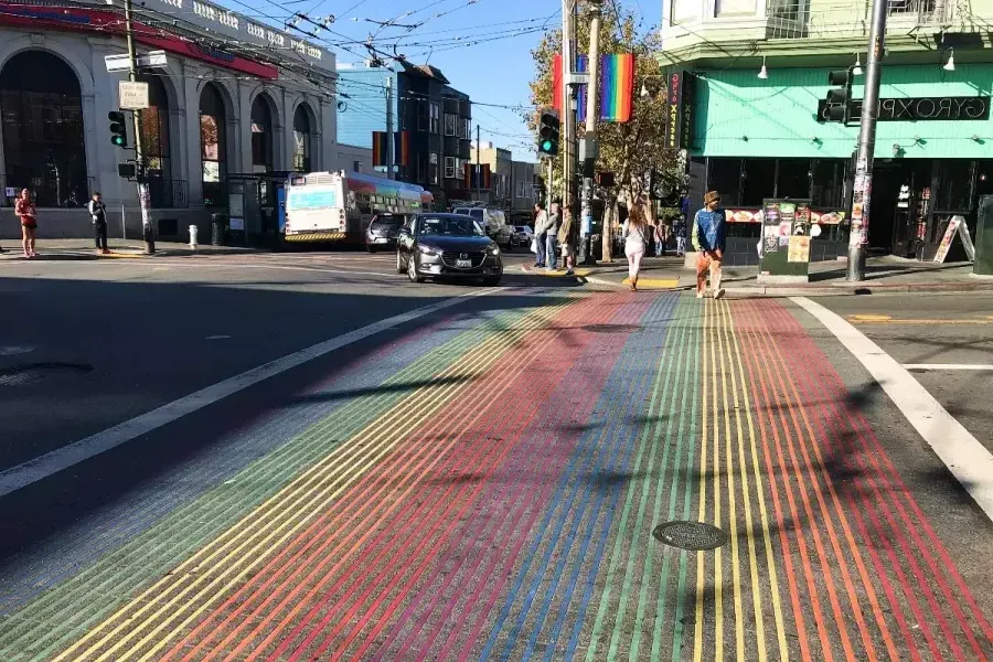 The Castro’s distinctive rainbow crosswalks.